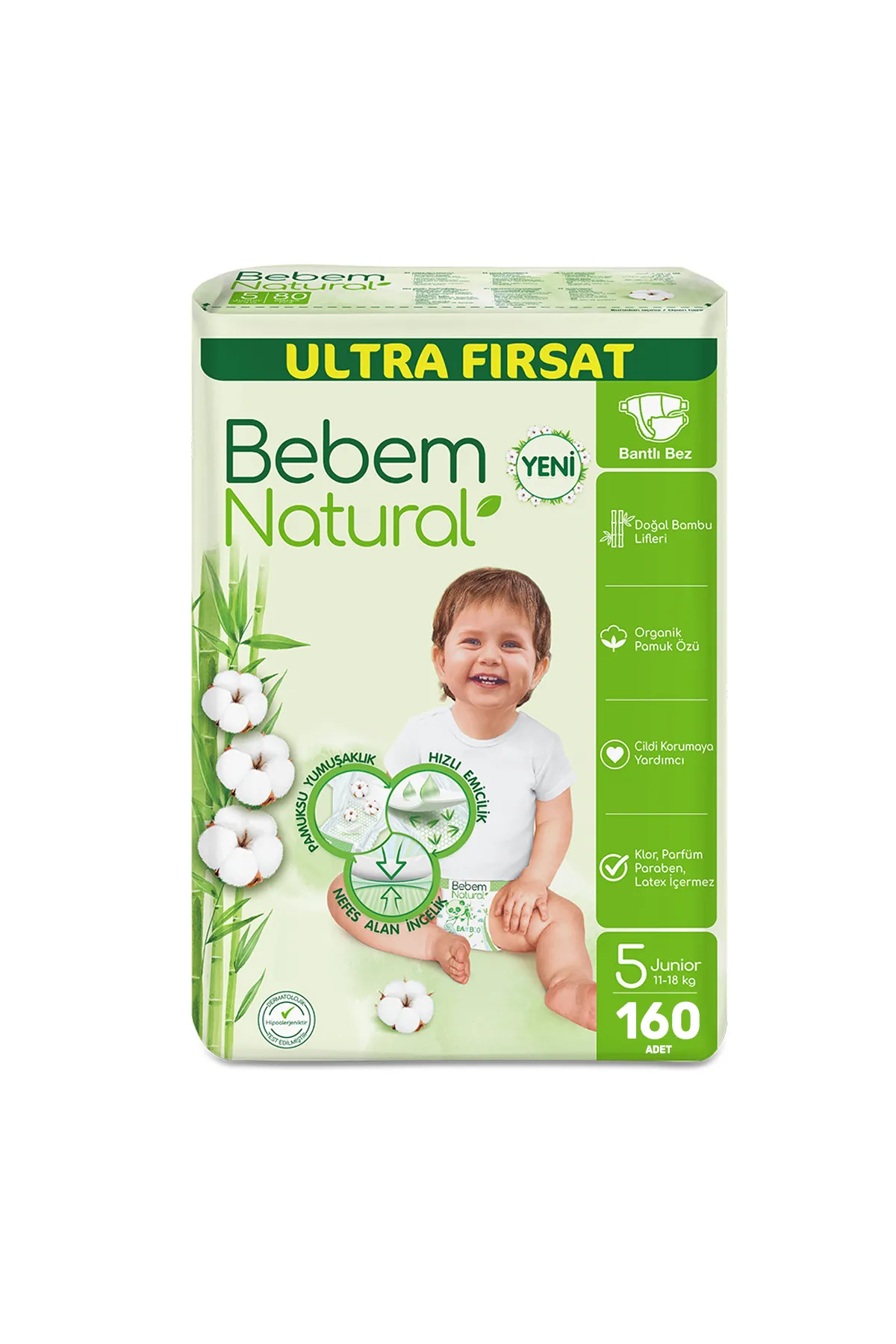 Bebem Natural Bebek Bezi Ultra Fırsat Paketi Maxi 5 Numara 160 Adet