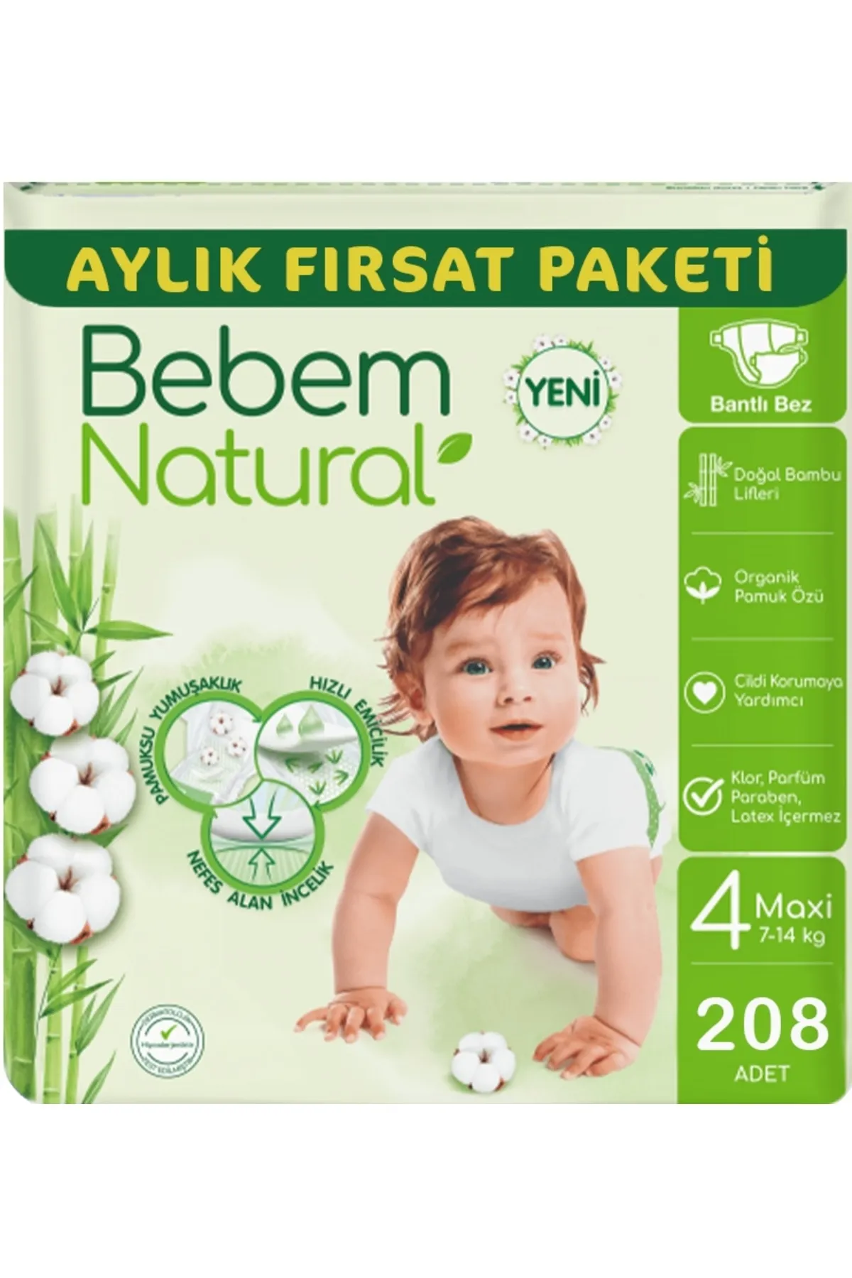 Bebem Natural Bebek Bezi Ultra Fırsat Paketi Maxi 4 No 208 Adet